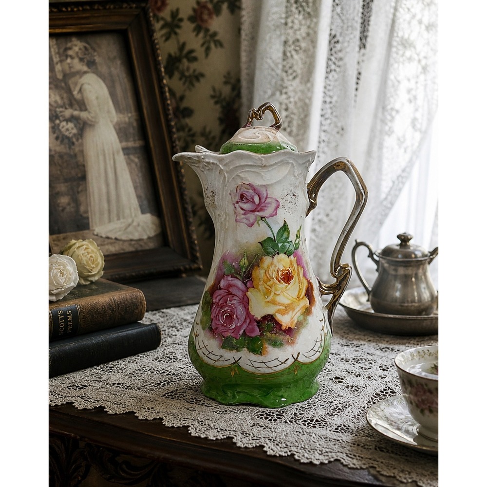 Antique Hand Painted Porcelain Chocolate Pot Germany Roses Gold Trim Early 1900s